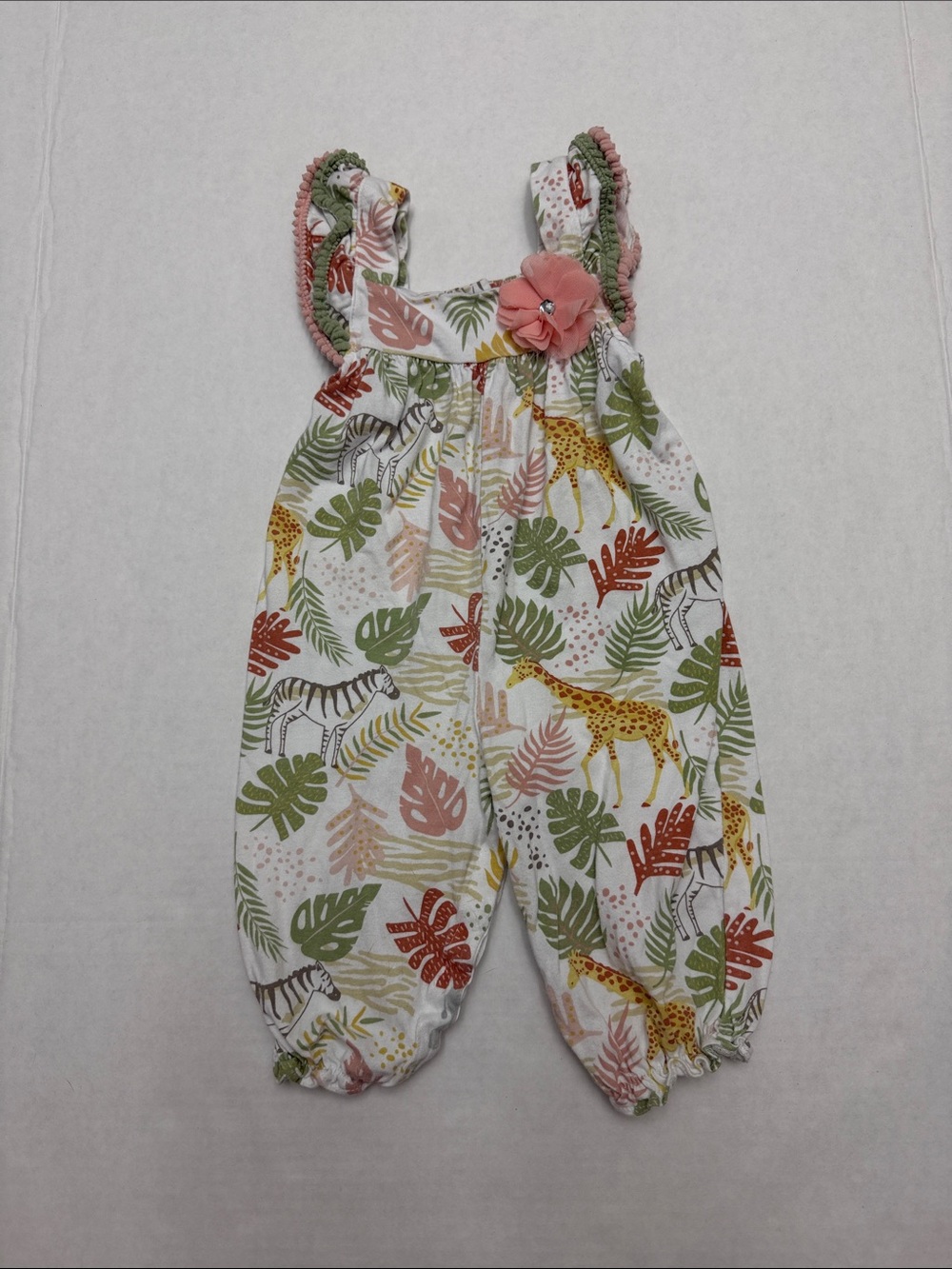 Good Lad Girls 12M White Jumpsuit with Green and Pink Safari Prints